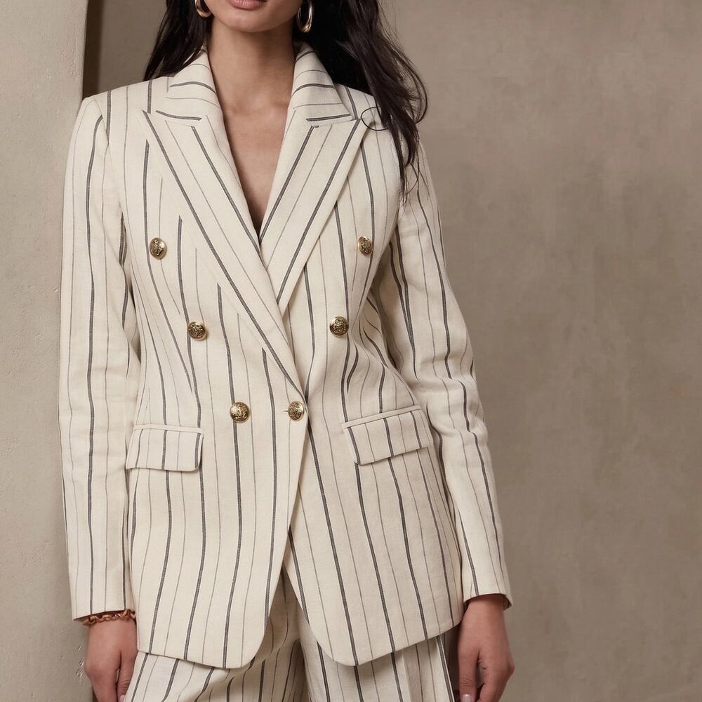 Banana Republic Alva Double-breasted Blazer Womens 4 Stipe Linen/Cotton 579142